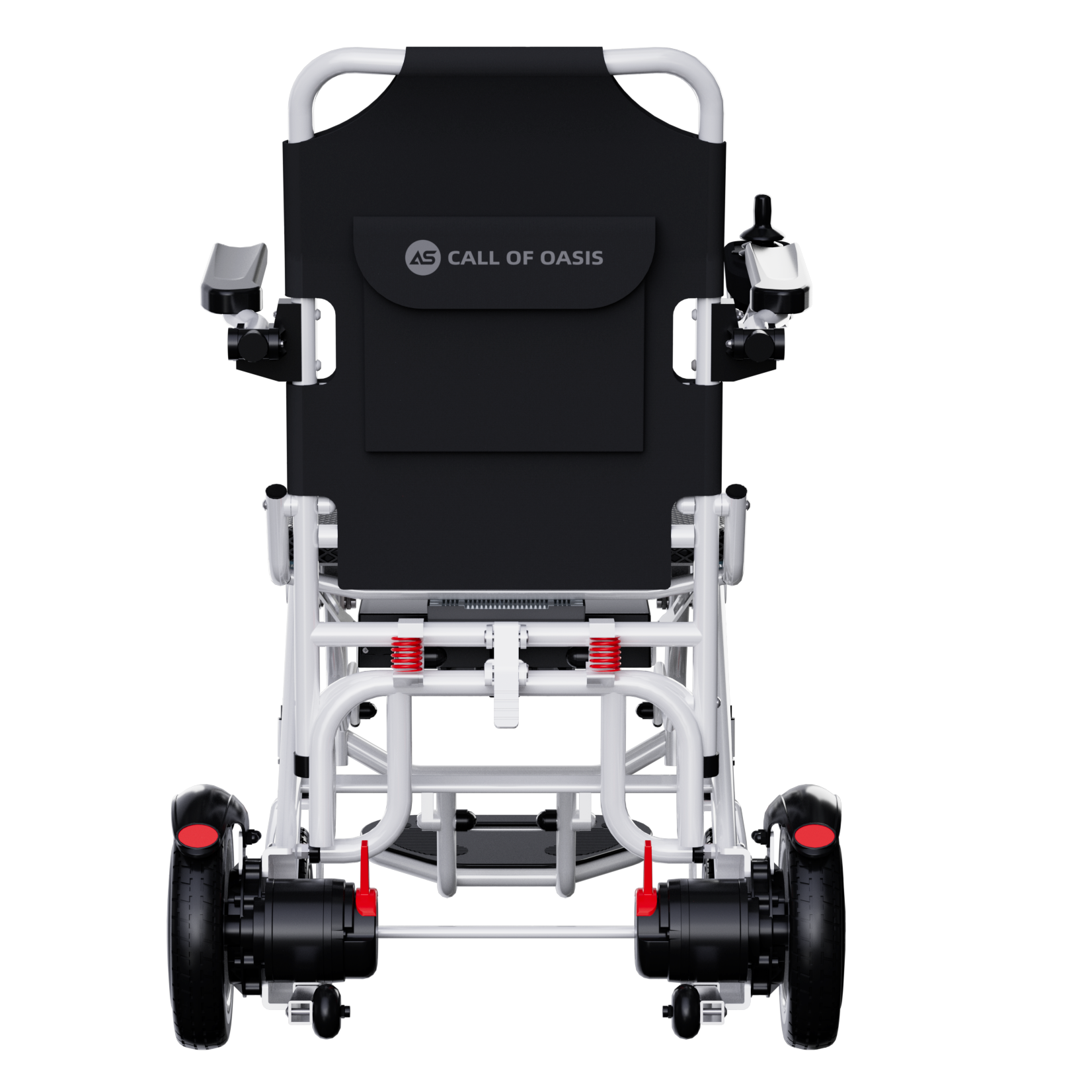 Rear view of electric wheelchair motors and anti-tip wheels, durable frame and clean cable routing