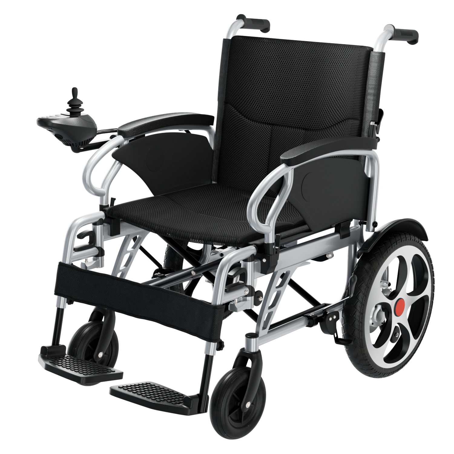 Angled view of a lightweight electric wheelchair with black seat and backrest, silver aluminum frame, joystick control, and large rear wheels.