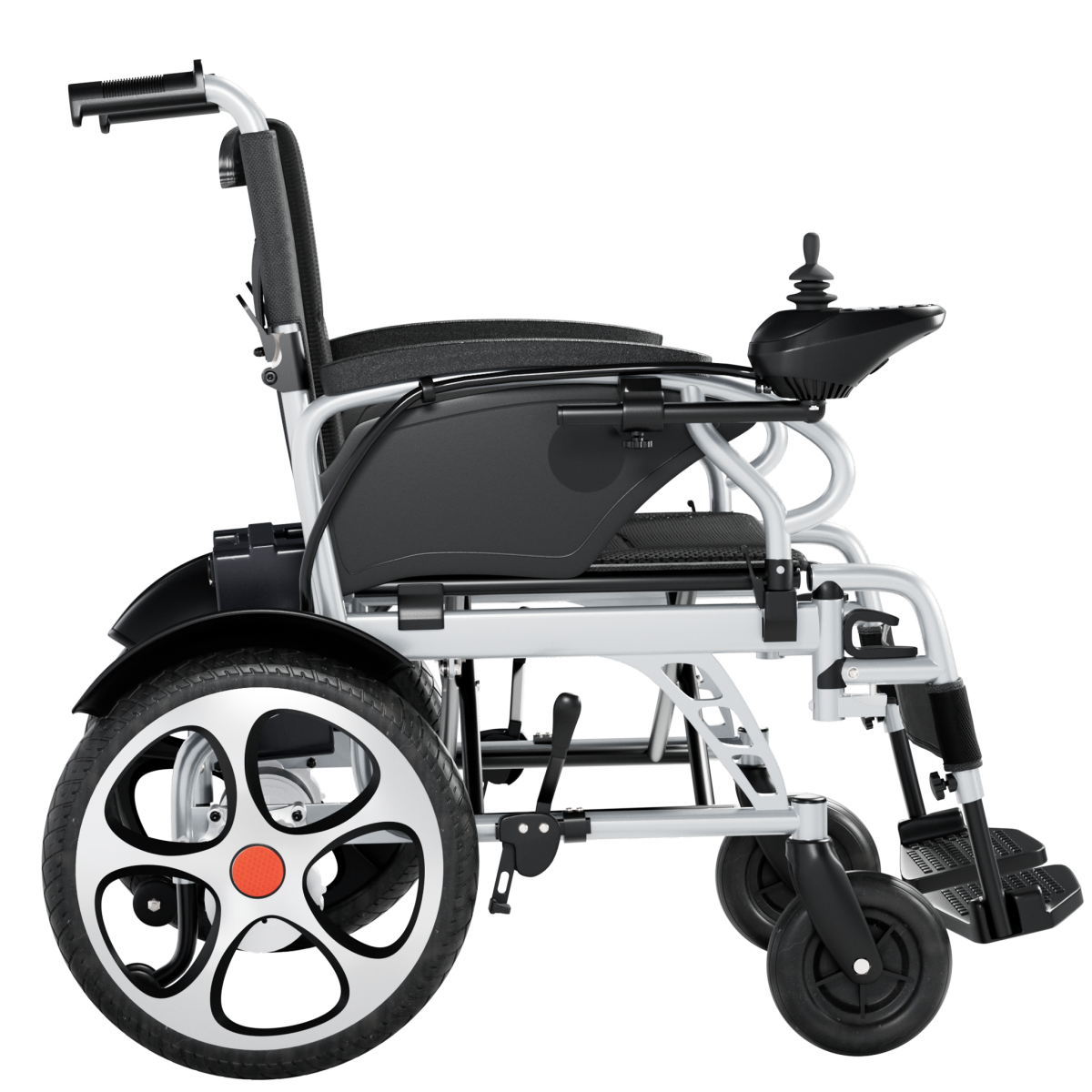 Side view of the OAS Cruise One electric wheelchair featuring a black seat, joystick controller, silver frame, and large rear wheel with red hub.