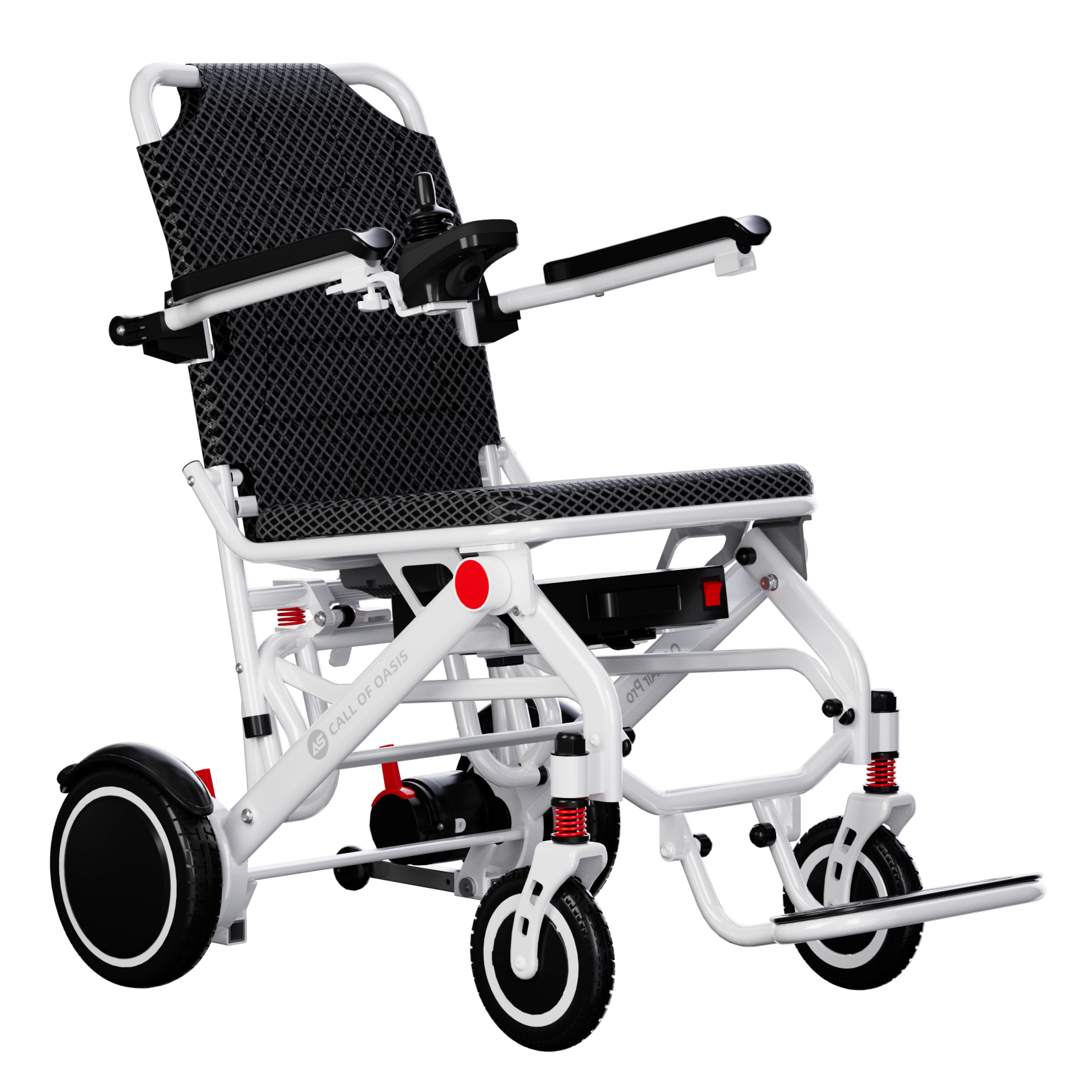 OAS Mobility lightweight foldable electric wheelchair on white background, front three-quarter view