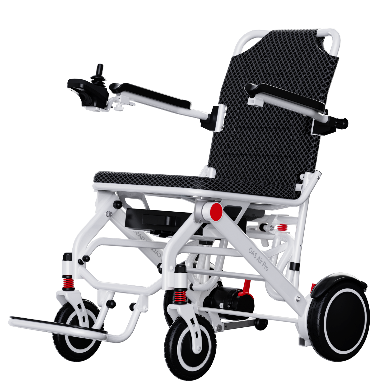 OAS Mobility lightweight foldable electric wheelchair on white background, left three-quarter view