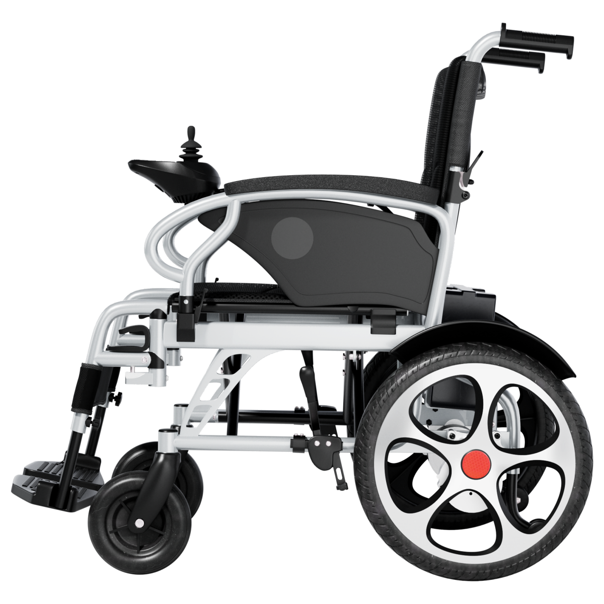 Right side view of a black and silver electric wheelchair with large rear wheels, joystick controller, and padded armrests, shown on a white background.