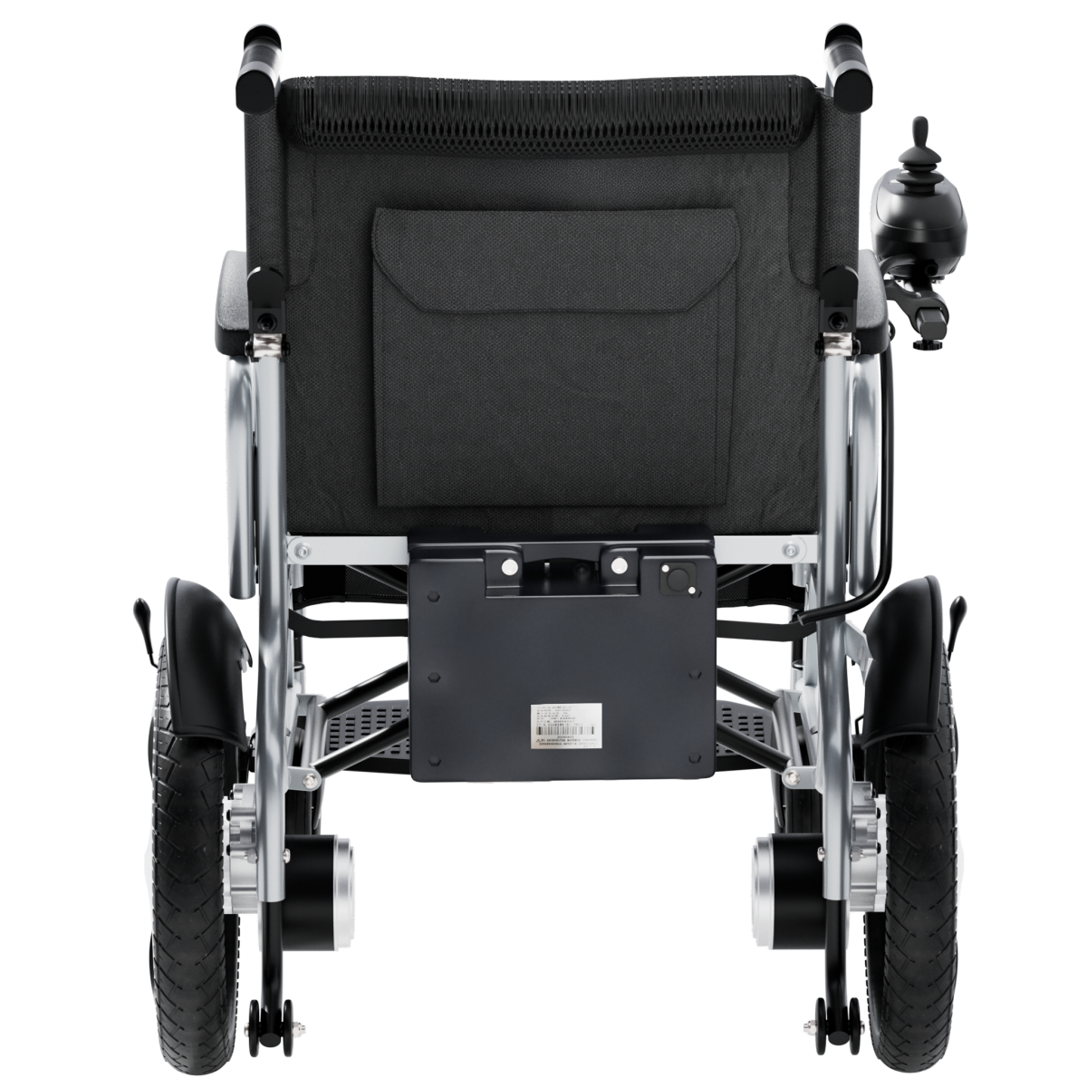 Rear view of a black and silver electric wheelchair showing the backrest storage pouch, battery compartment, and joystick mounted on the right side.