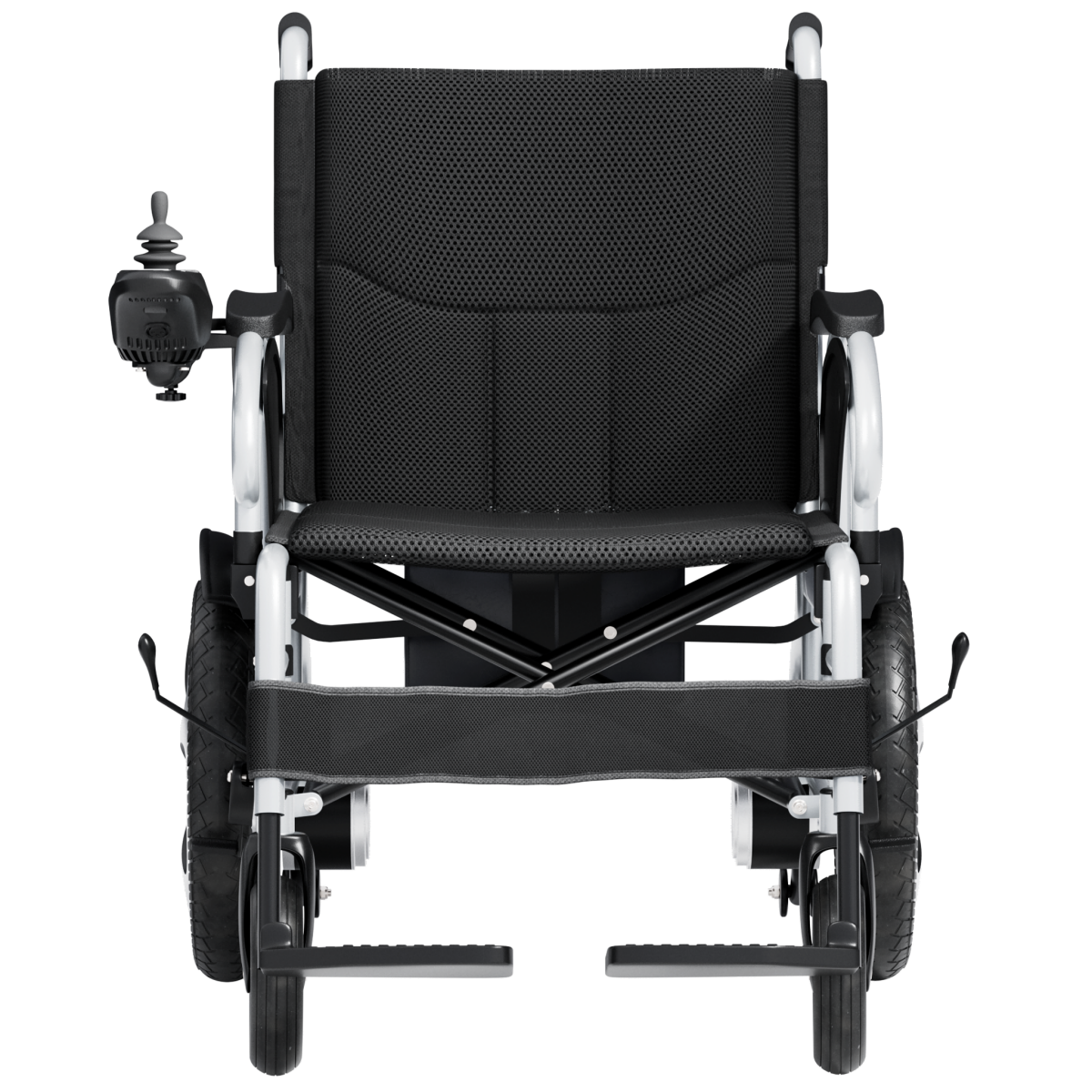 Front view of a black electric wheelchair with silver frame, padded seat and backrest, joystick controller on the left armrest, and footrests extended.