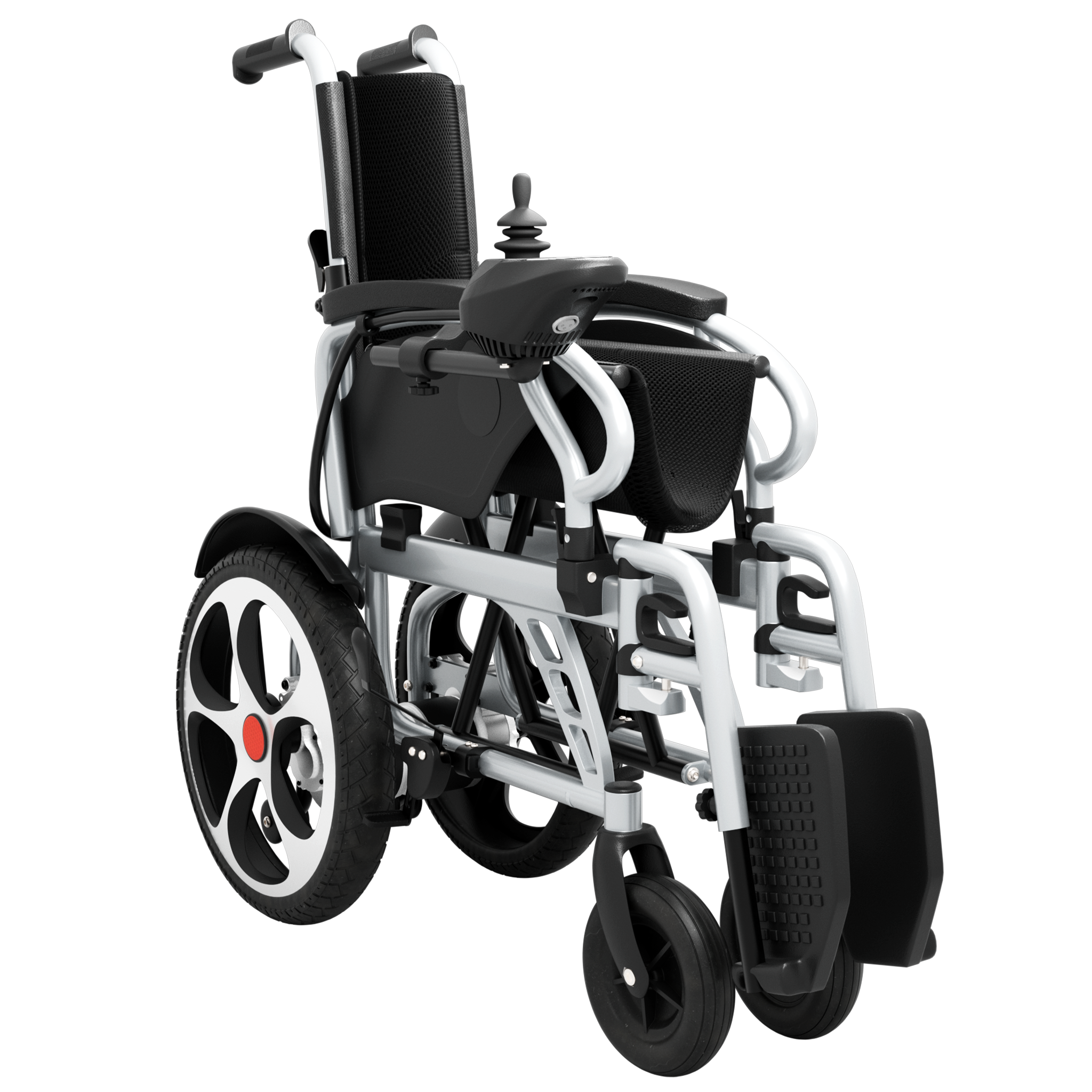Folded electric wheelchair with black seat, silver frame, and large rear wheels, shown from a rear-side angle with joystick and footrests visible.
