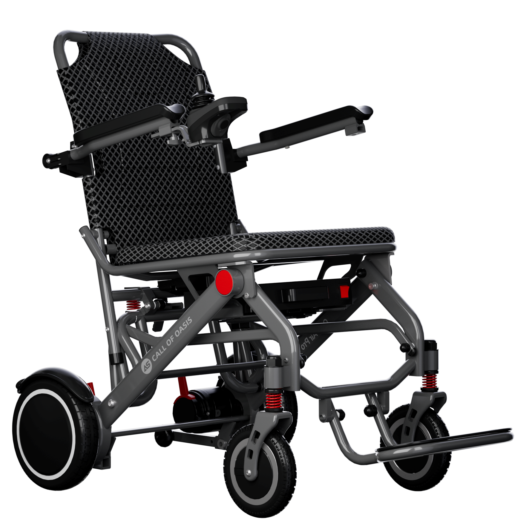 OAS Mobility lightweight foldable electric wheelchair on white background, Black, front three-quarter view
