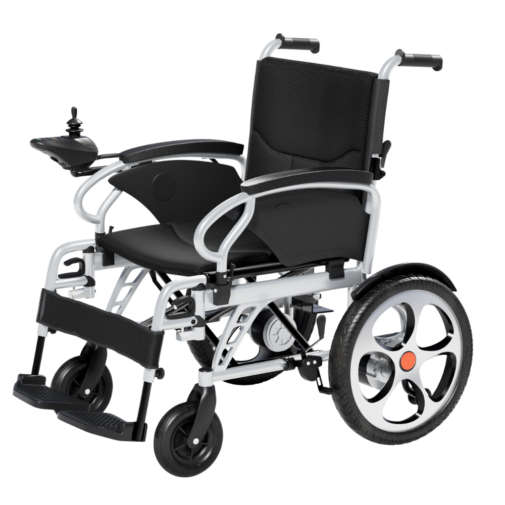 OAS Cruise One foldable electric wheelchair with a black seat, silver frame, joystick controller, and large rear wheels, isolated on a white background.