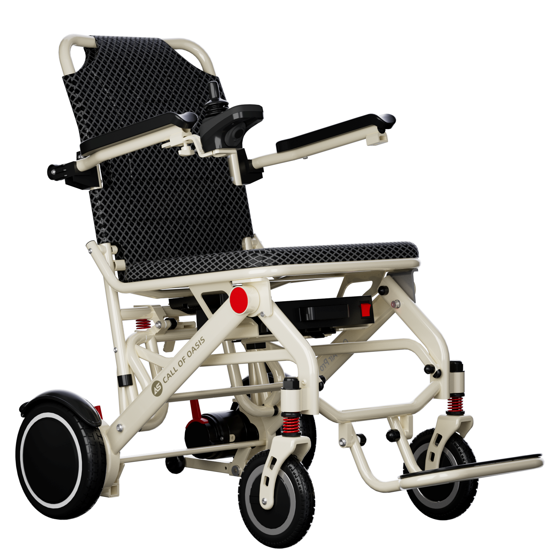 OAS Mobility lightweight foldable electric wheelchair on white background, Latte, front three-quarter view