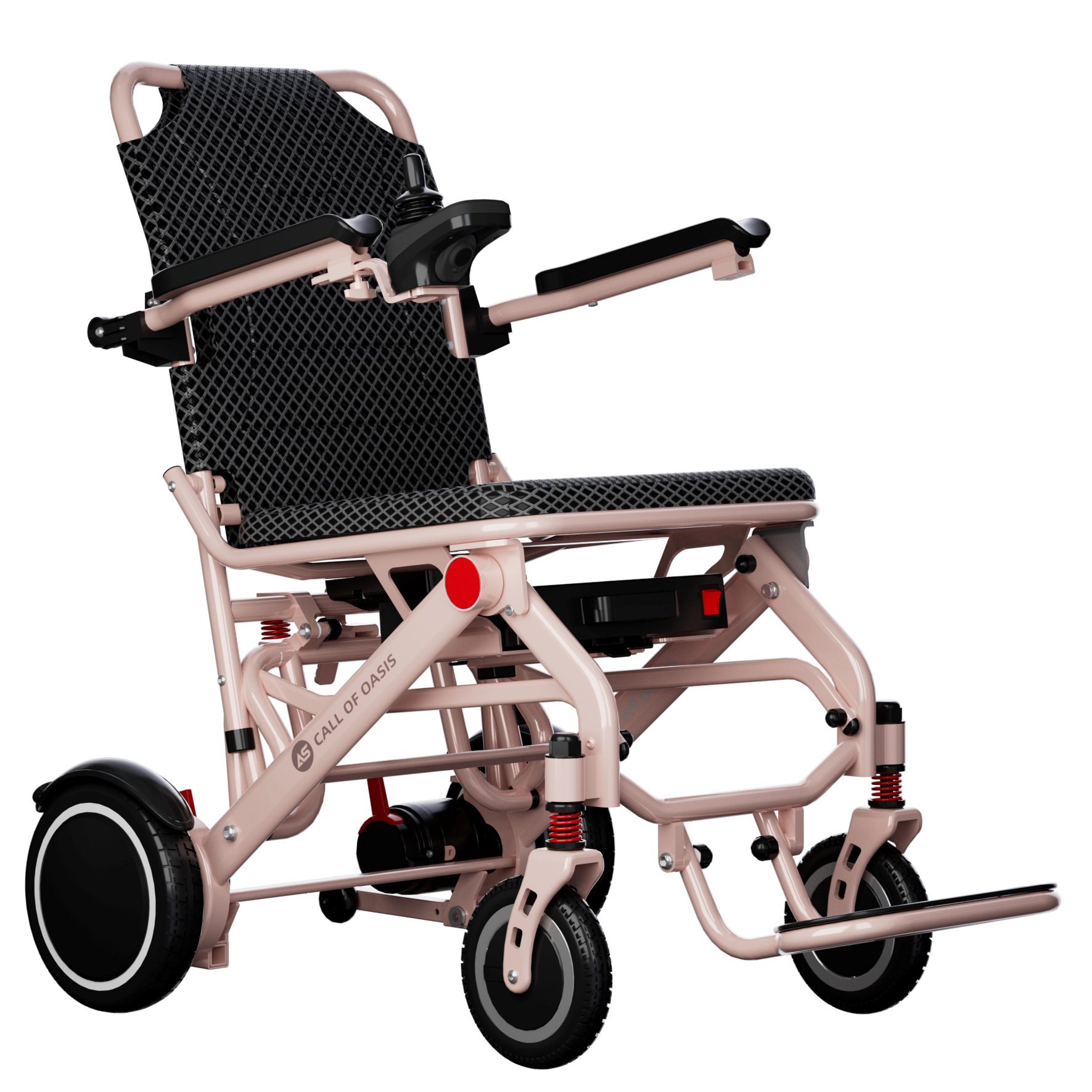 OAS Mobility lightweight foldable electric wheelchair on white background, Soft Pink, front three-quarter view