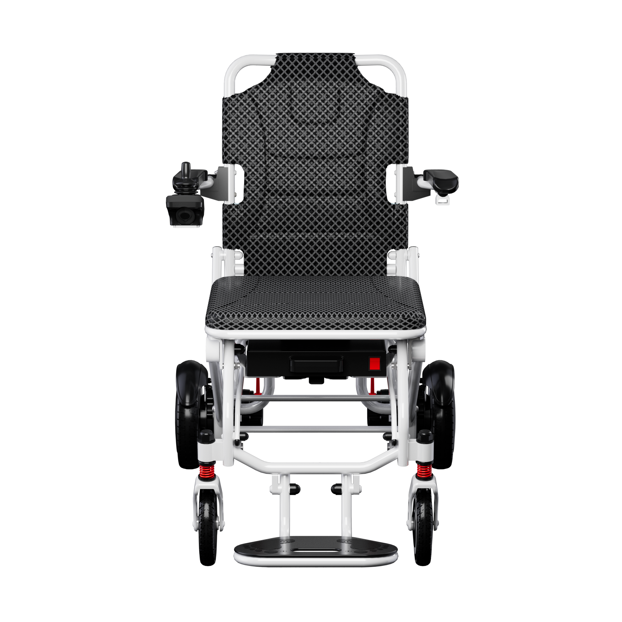 Closeup of electric wheelchair seat and cushions, wide seating with supportive armrests