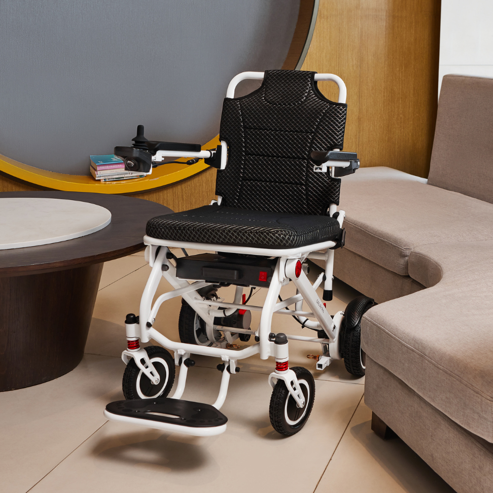 Electric wheelchair maneuvering through a hallway, tight turning radius demonstration