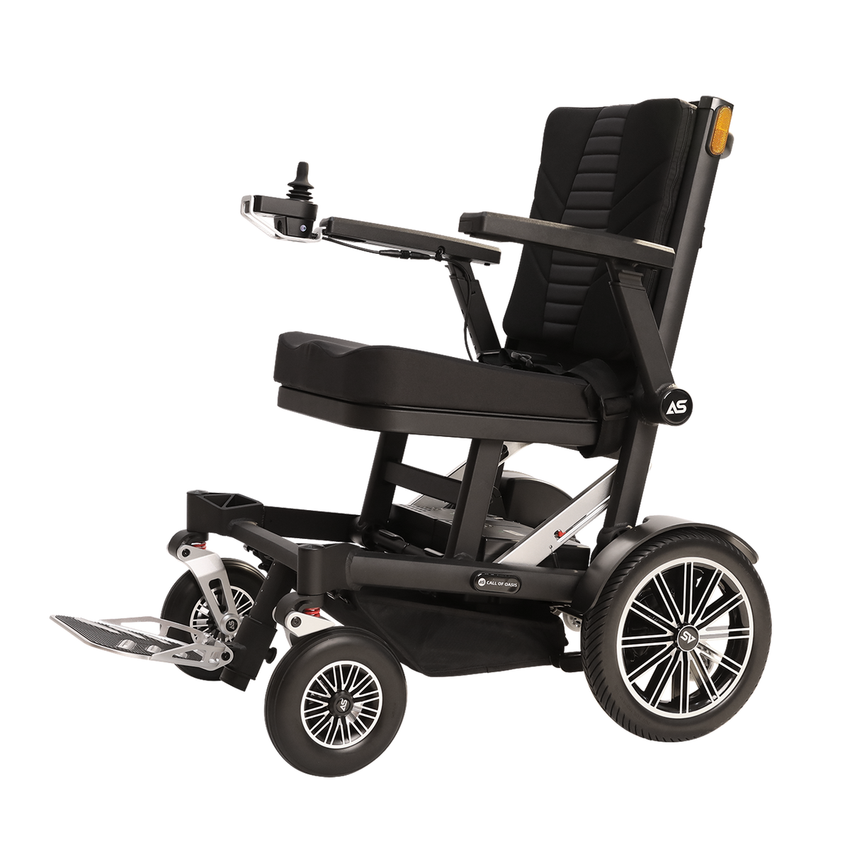 OAS Adventure Pro all-terrain power wheelchair with 480 lbs capacity, adjustable comfort, 20-mile range, and under-seat storage bag