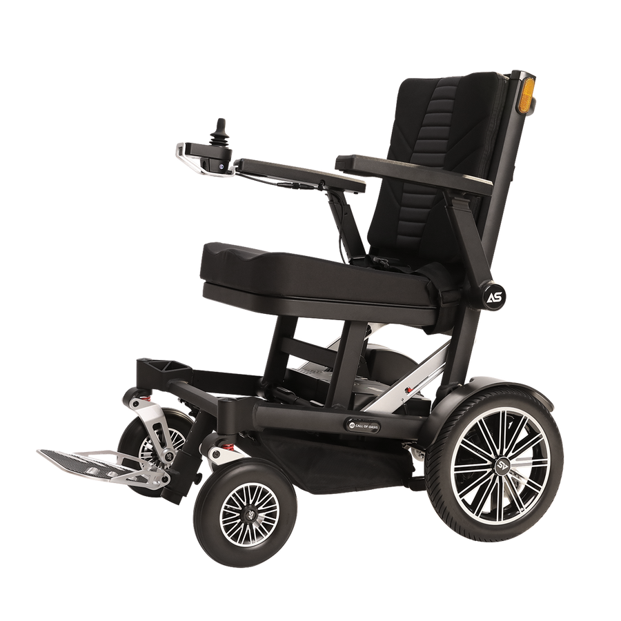 OAS Adventure Pro all-terrain power wheelchair with 480 lbs capacity, adjustable comfort, 20-mile range, and under-seat storage bag