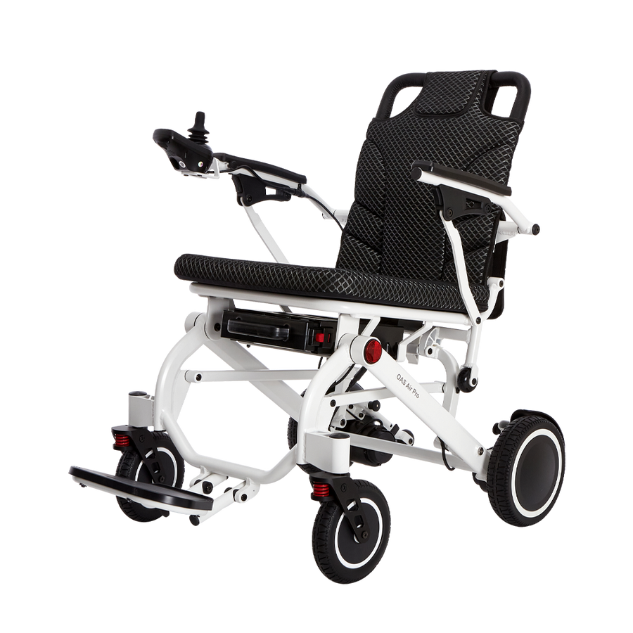 OAS Air Pro lightweight foldable electric wheelchair for air travel, featuring a compact design and TSA-friendly removable battery.
